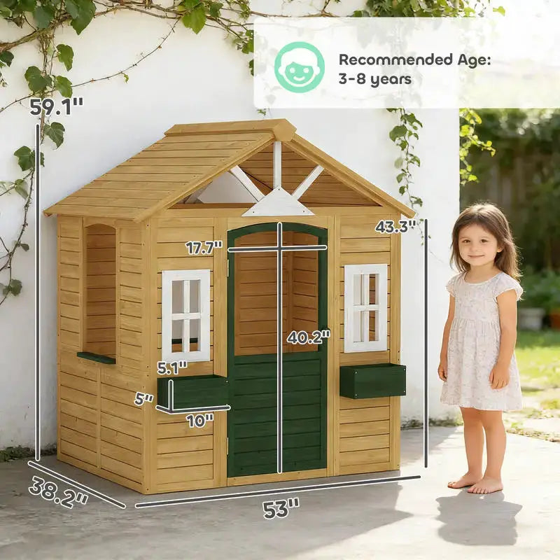 Qaba Outdoor Playhouse, Wooden Kids Playhouse with Door, 3 Windows, 2 Flower Boxes for Garden, Indoor Playroom, Ages 3–8 from PriceLows™