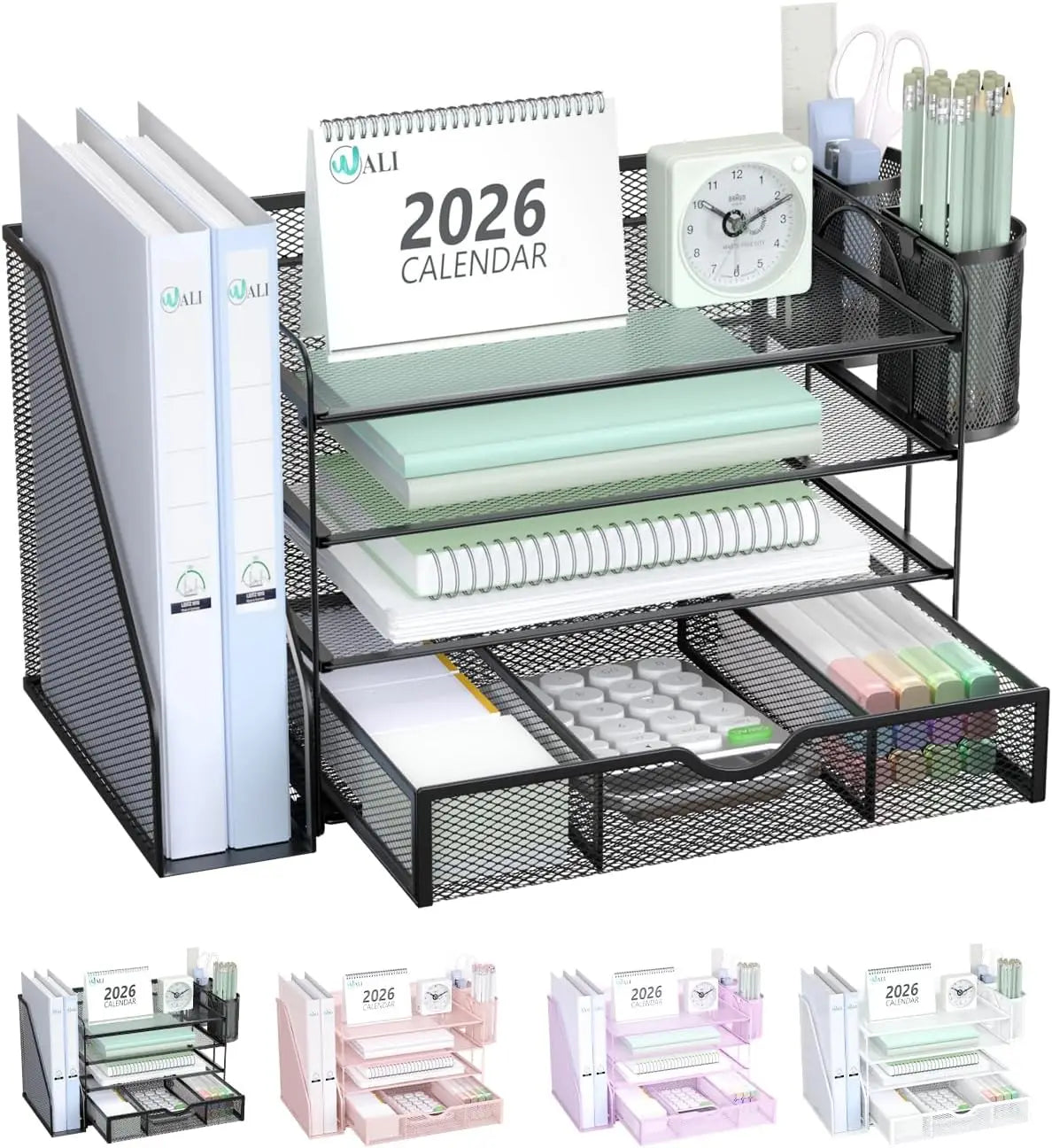 Desk File Organizer | 4-Tier Letter Tray System | Drawer And Pen Holders | Metal