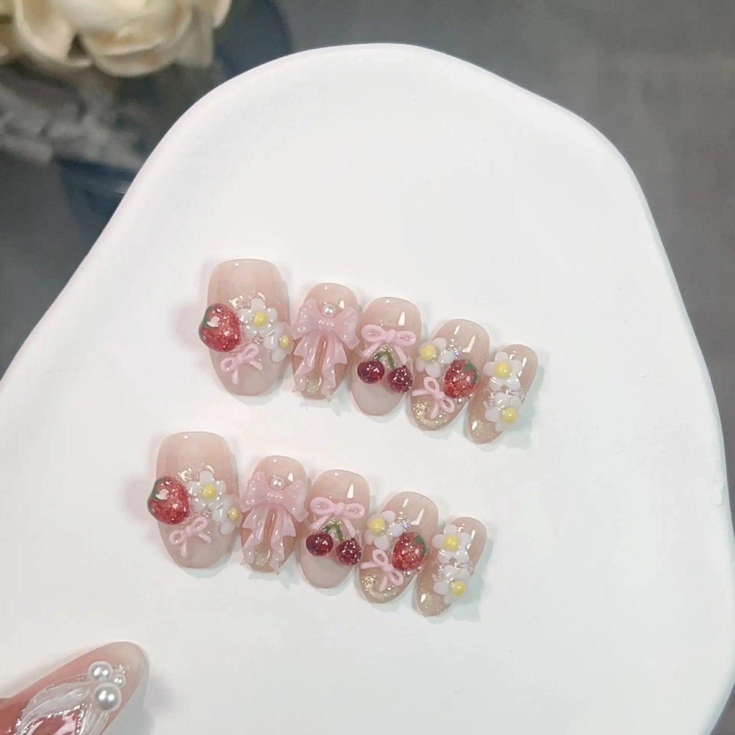 Press On Nails | 3D Flower Almond | Handmade Ballet Grey | 10 Piece Set