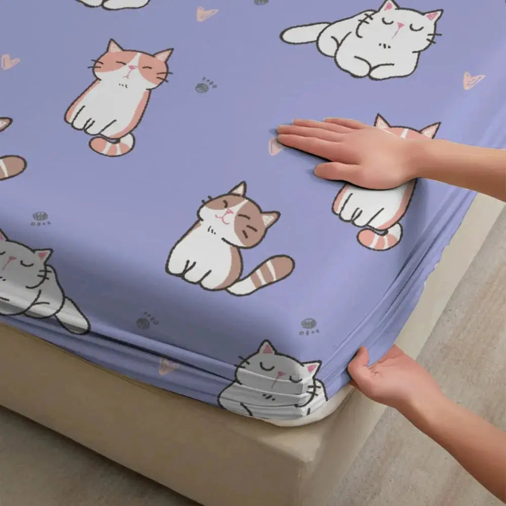 1pc Cute Cartoon Cats Print Fitted Sheet Deep Pocket Elastic Mattress Cover Single Double Queen King Bedroom Decor from PriceLows™