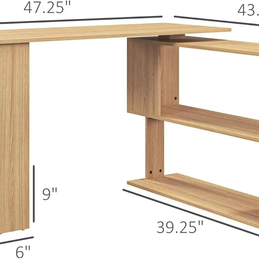 Maple Finish L-Shaped Corner Desk with 360-Degree Swivel and Storage Shelves for Home Office Writing and Workstation Use from PriceLows™