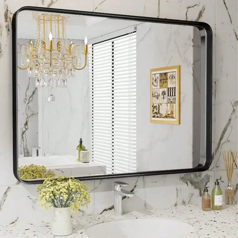 Home Black Bathroom Wall Mirror Metal Frame Rectangular Anti-Rust Vanity Mirror from PriceLows™