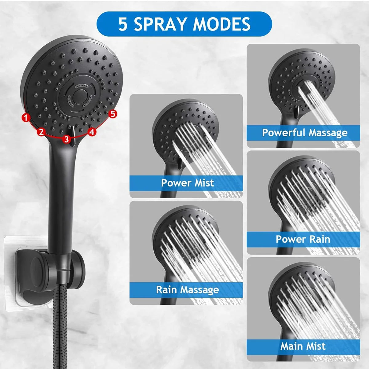 Showerhead Set | 8/10 Inch | 5 Modes | Wall Mounted With Extension Arm