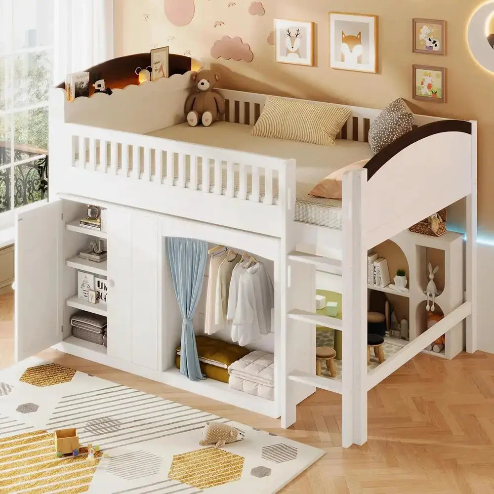 Twin Size Kids Uvellamo Loft Bed with LED Lights, Storage Cabinet, and Wardrobe, Suitable for Boys or Girls, White from PriceLows™