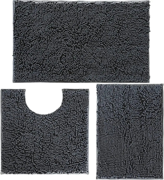 Non Slip 3 Piece Bath Mat Set - Washable Chenille Bathroom Rugs with PVC Backing, Absorbent Bath Mats for Bathroom, Kitchen, Tub from PriceLows™