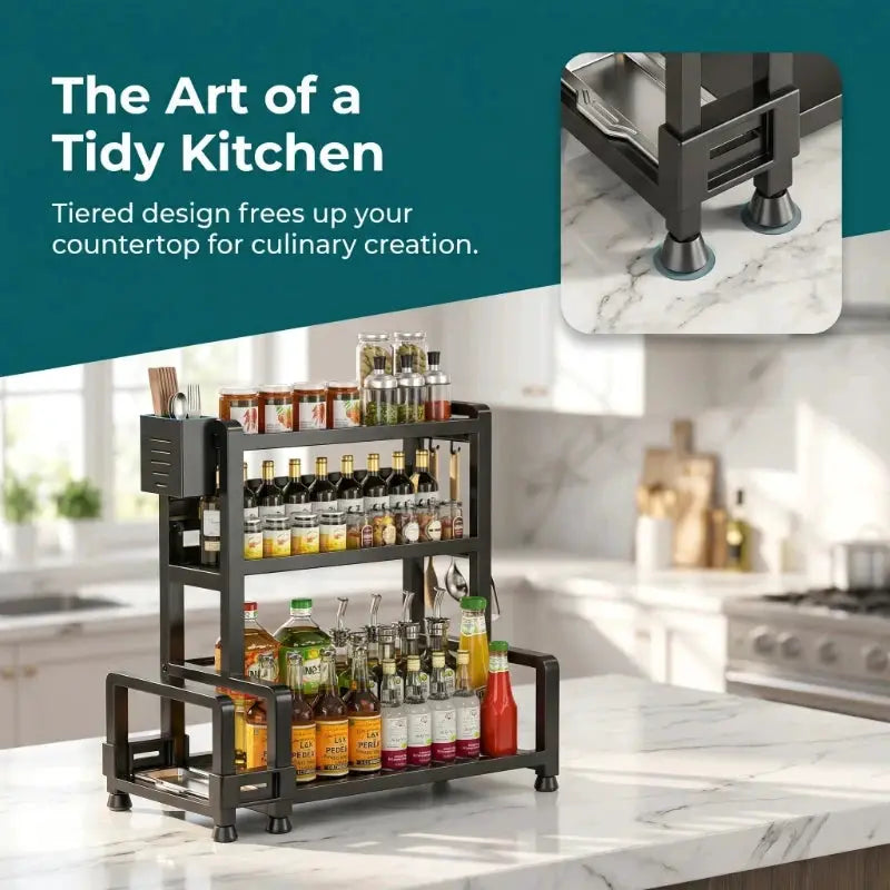 3 Tier Spice Storage Rack for Countertop Adjustable Spice Organization for Cabinet Kitchen Organizer Metal Shelf Black from PriceLows™