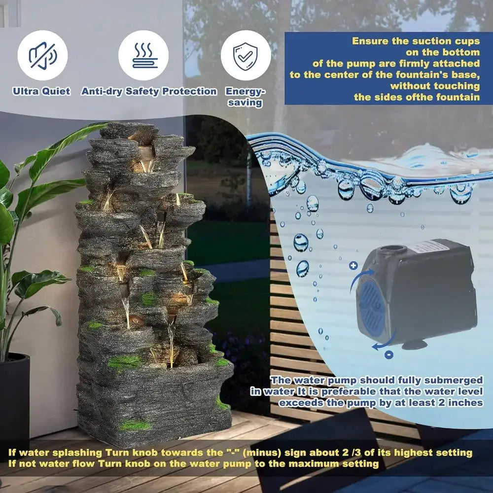 40 Outdoor Tiered Rock Waterfall Fountain with LED Lights for Patio and Garden Decor from PriceLows™