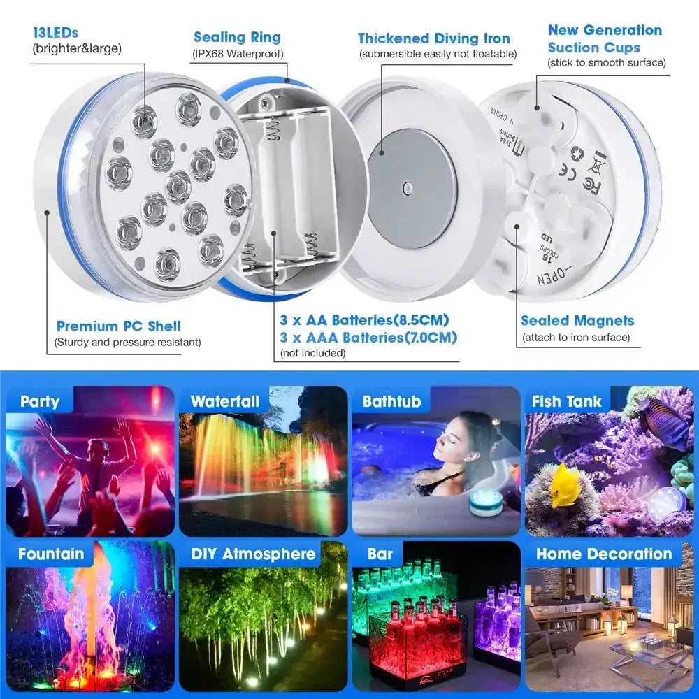 Updated Submersible 13LED Underwater Light with Remote Control Underwater Pool Light IP68 Bright Lamp RGB for Pond/Pool/Aquarium from PriceLows™