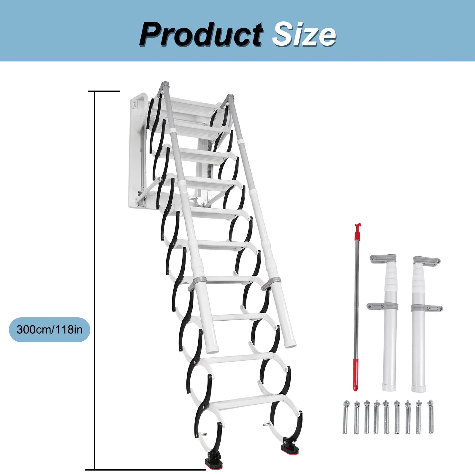 11 Steps Wall-Mounted Folding Steel Attic Ladder with 2Handrails Telescopic Attic Ladder Retractable Loft Ladder for Home Indoor from PriceLows™