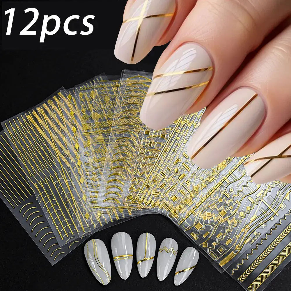 12Sheets Gold Metal Stripe Wave Nail Decals 3D Bronzing French Line/C Curve Stripe Nail Stickers 8*10cm Gold Line Nail Art Suppl from PriceLows™
