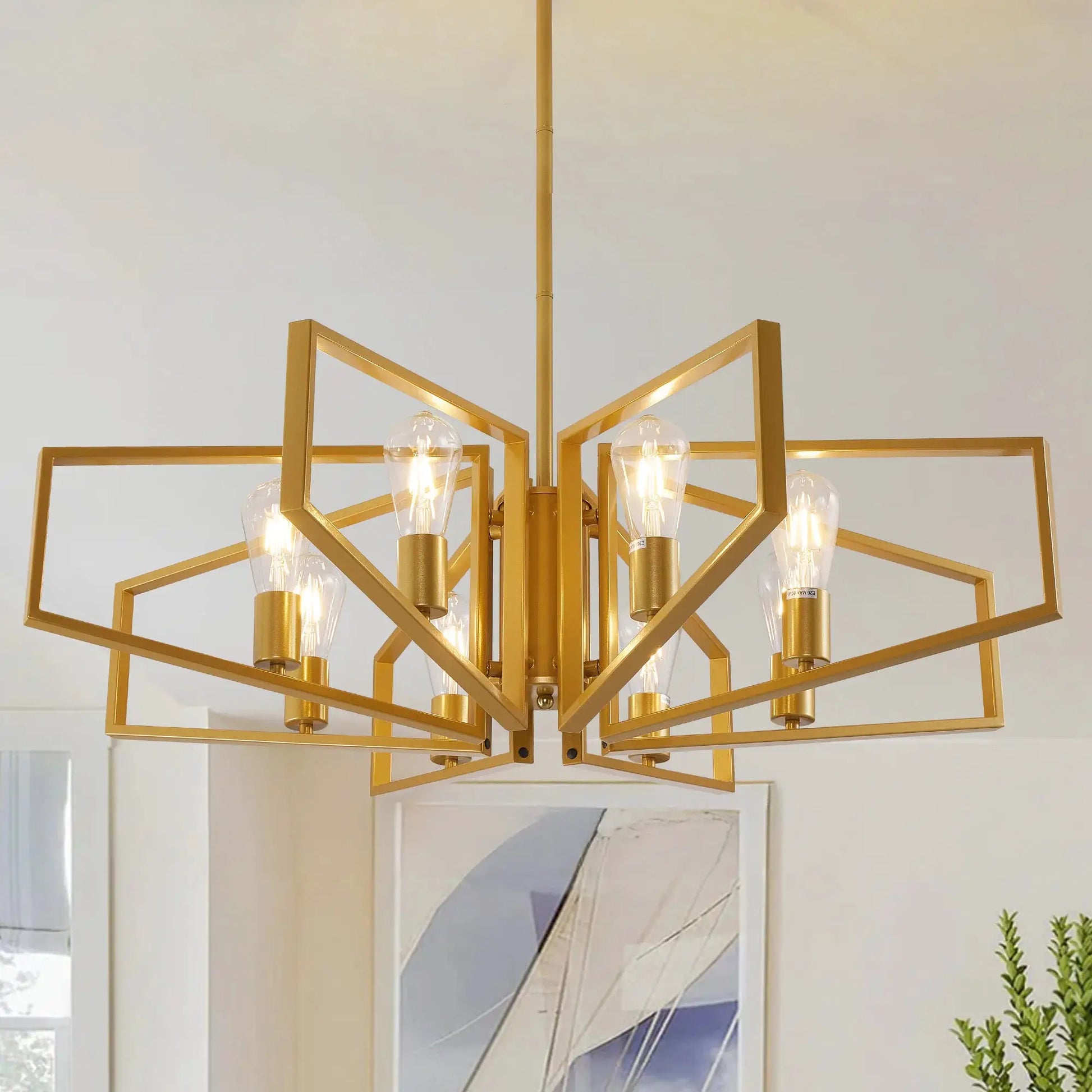 Modern 8-Light Geometric Chandelier Adjustable Height Metal Pendant Light with Black Frame & Golden Accents Ceiling Light Decor from PriceLows™