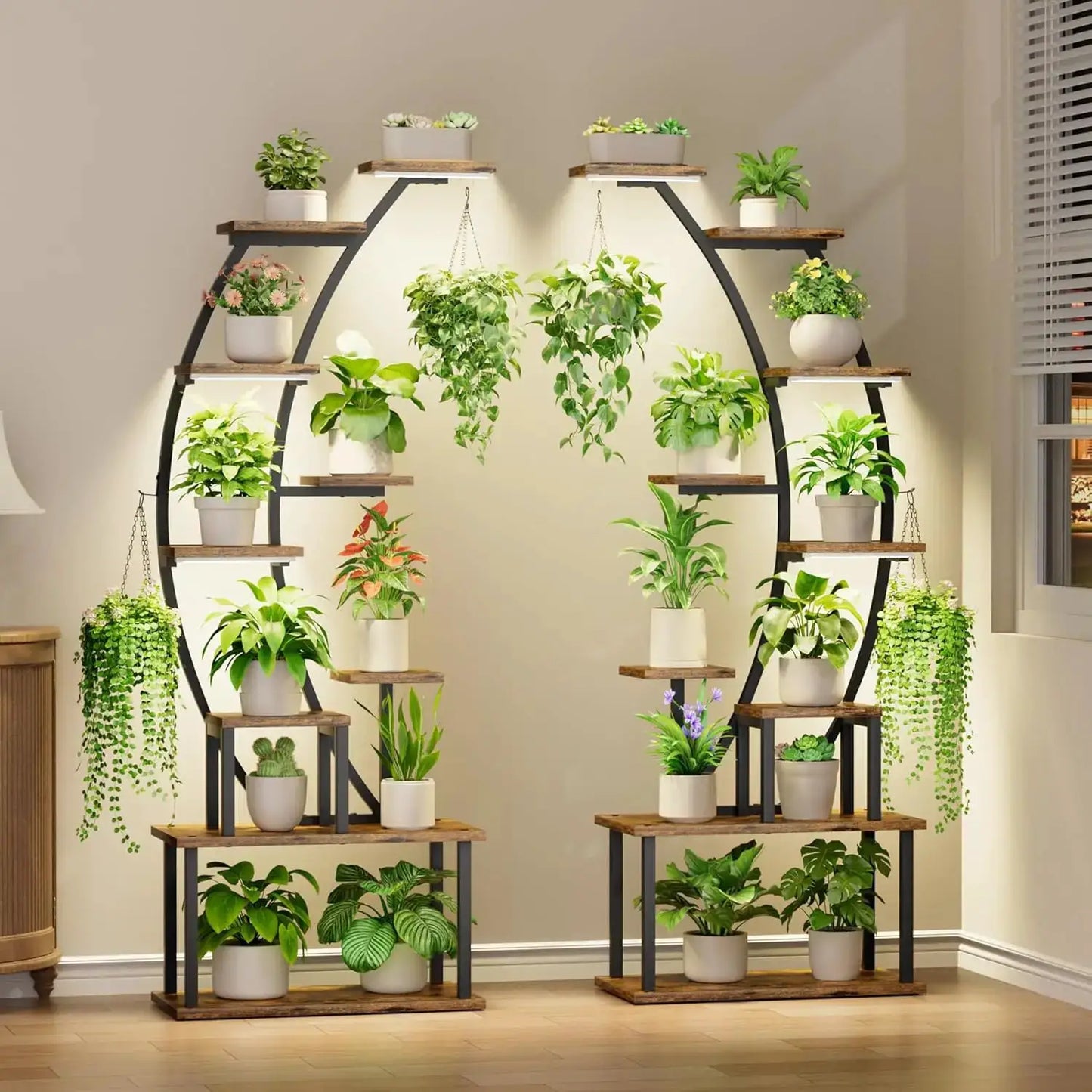 9 Tier Tall Plant Stand with Grow Lights, 64 Inch Metal Shelf for Indoor Plants, Curved Display Rack for Living Room Patio from PriceLows™