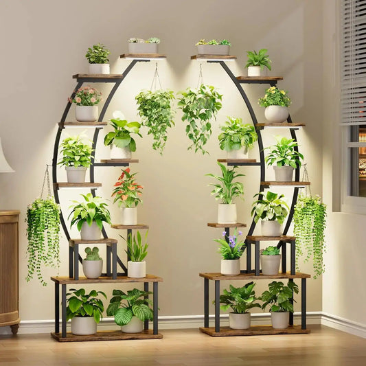 9 Tier Tall Plant Stand with Grow Lights, 64 Inch Metal Shelf for Indoor Plants, Curved Display Rack for Living Room Patio from PriceLows™
