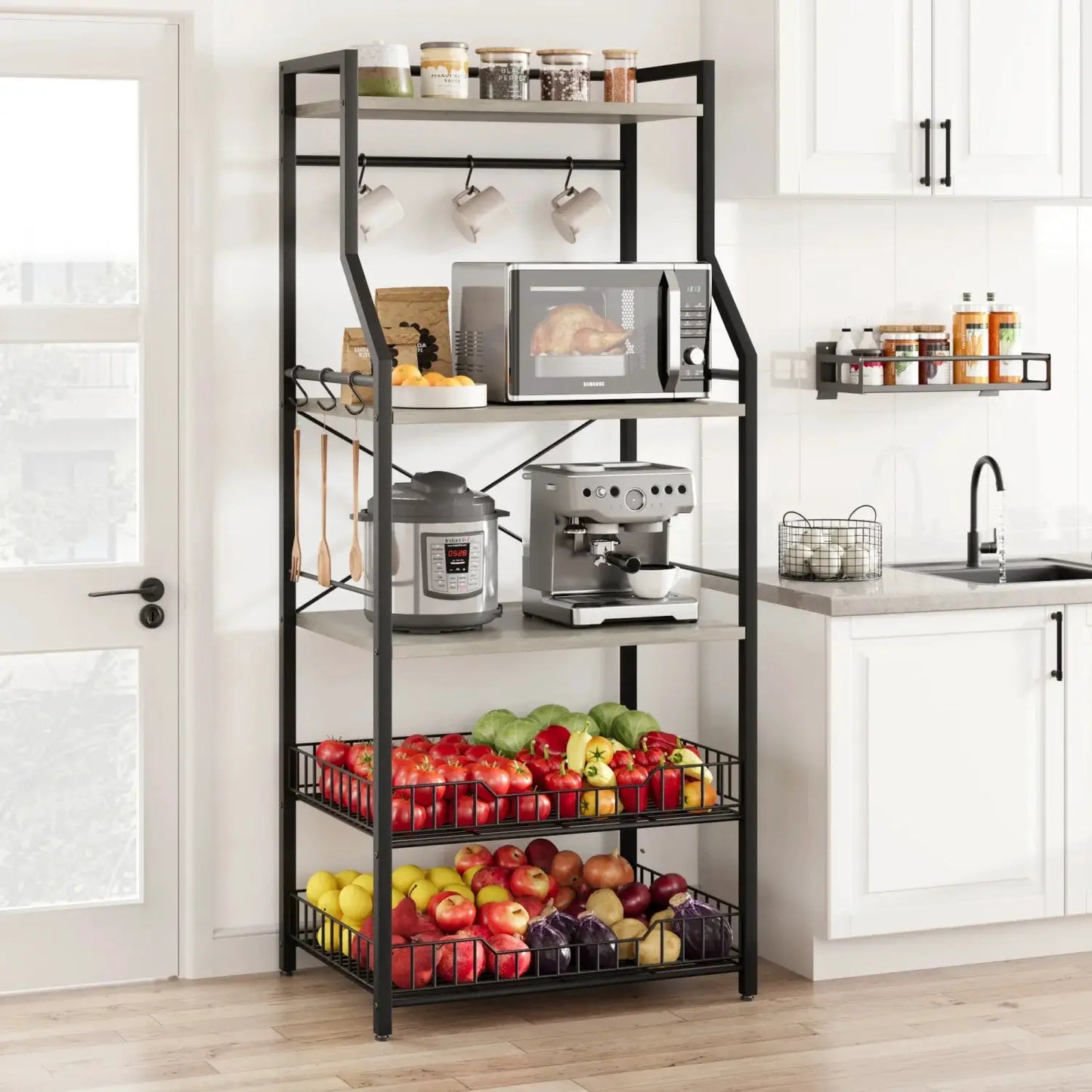 Kitchen Bakers Rack Microwave Oven Stand with 2 Large Wire Basket Industrial Coffee Bar Station from PriceLows™