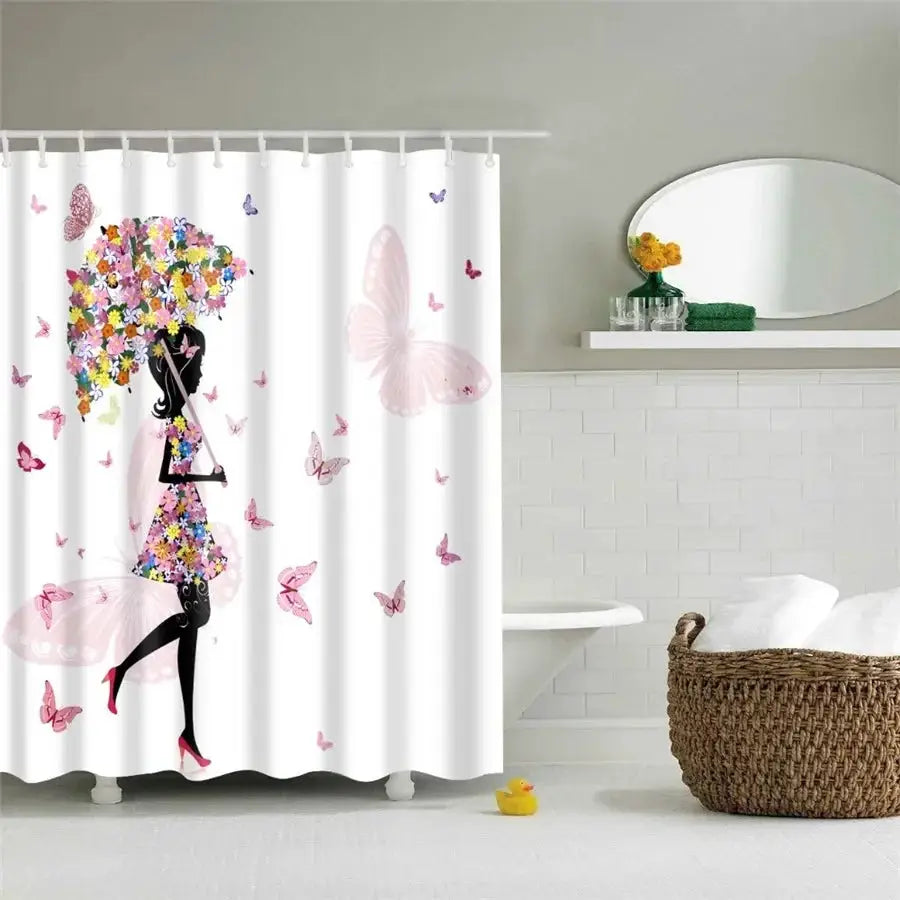 Pink Flower Butterfly Girls Shower Curtains Bathroom Curtain Fabric Waterprood Polyester For Bath Decor Bath Curtain With Hooks from PriceLows™