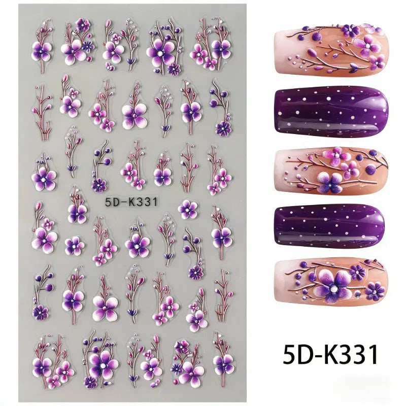 5D Embossed Green Vine Floral Nail Stickers - Matte Finish Self-Adhesive Nail Art Decals with Cartoon-Style Flowers from PriceLows™