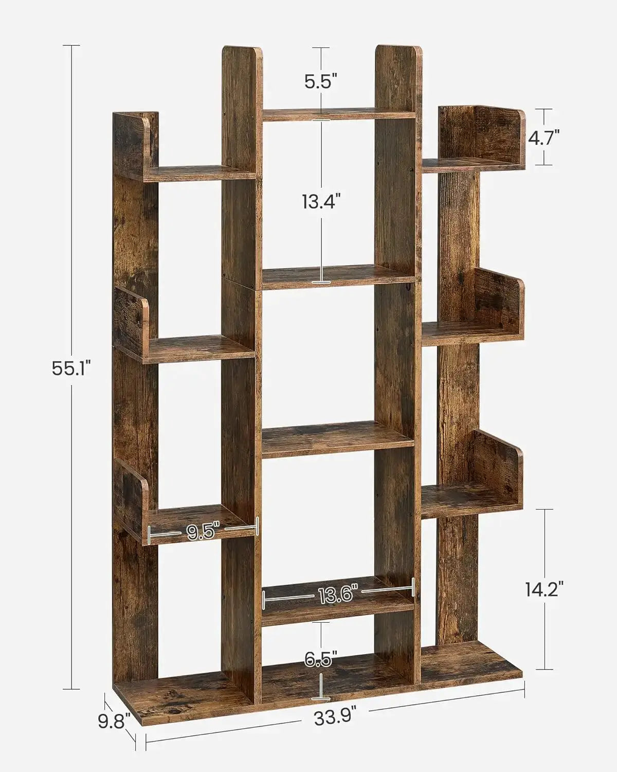 Tree-Shaped Bookcase with 13 Shelves, Rustic Brown, Compact Design for Home Storage from PriceLows™
