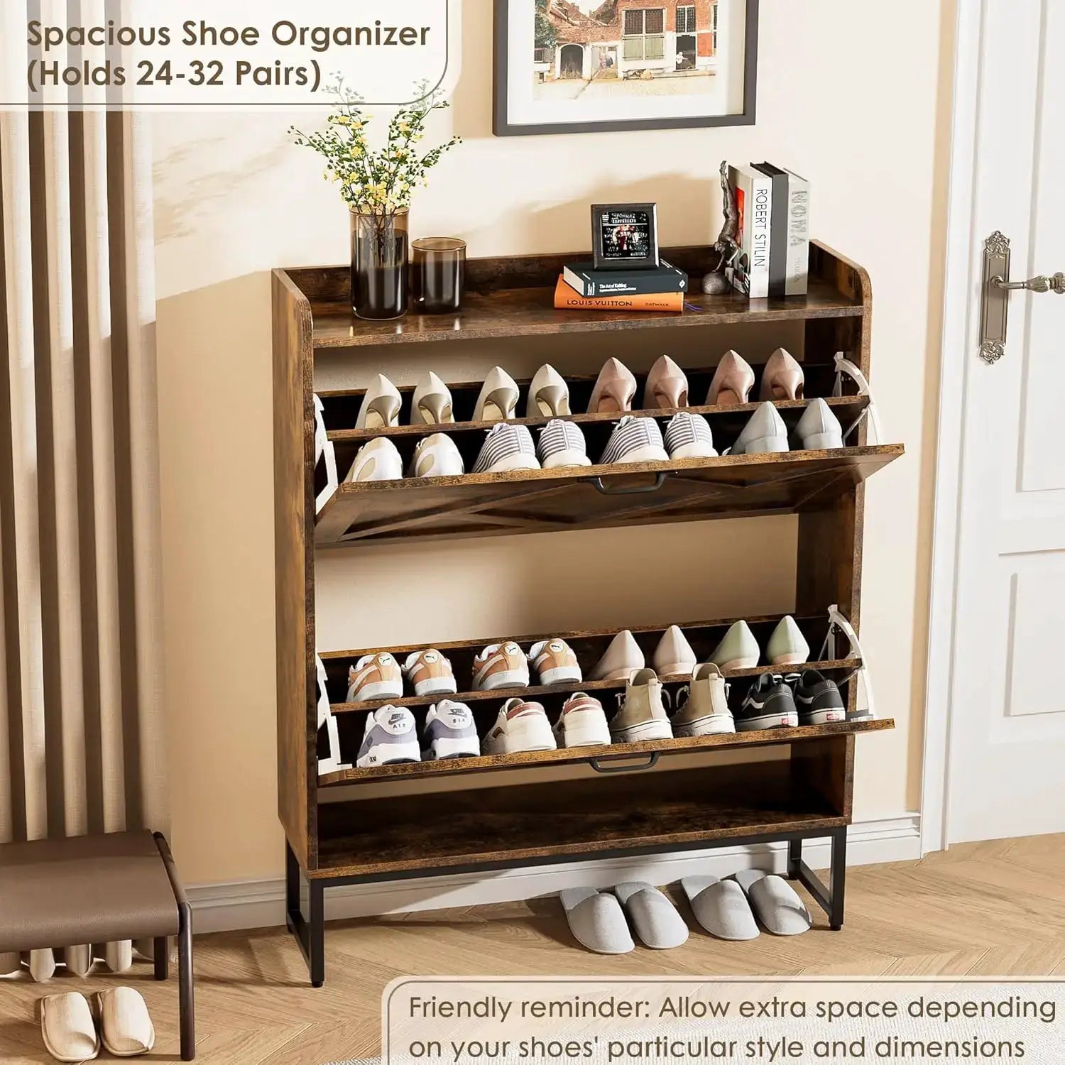 Shoe Cabinet Organizer with 2 Flip Drawers, Narrow Storage Rack with Metal Legs, Slim Entryway Furniture, Rustic Brown from PriceLows™