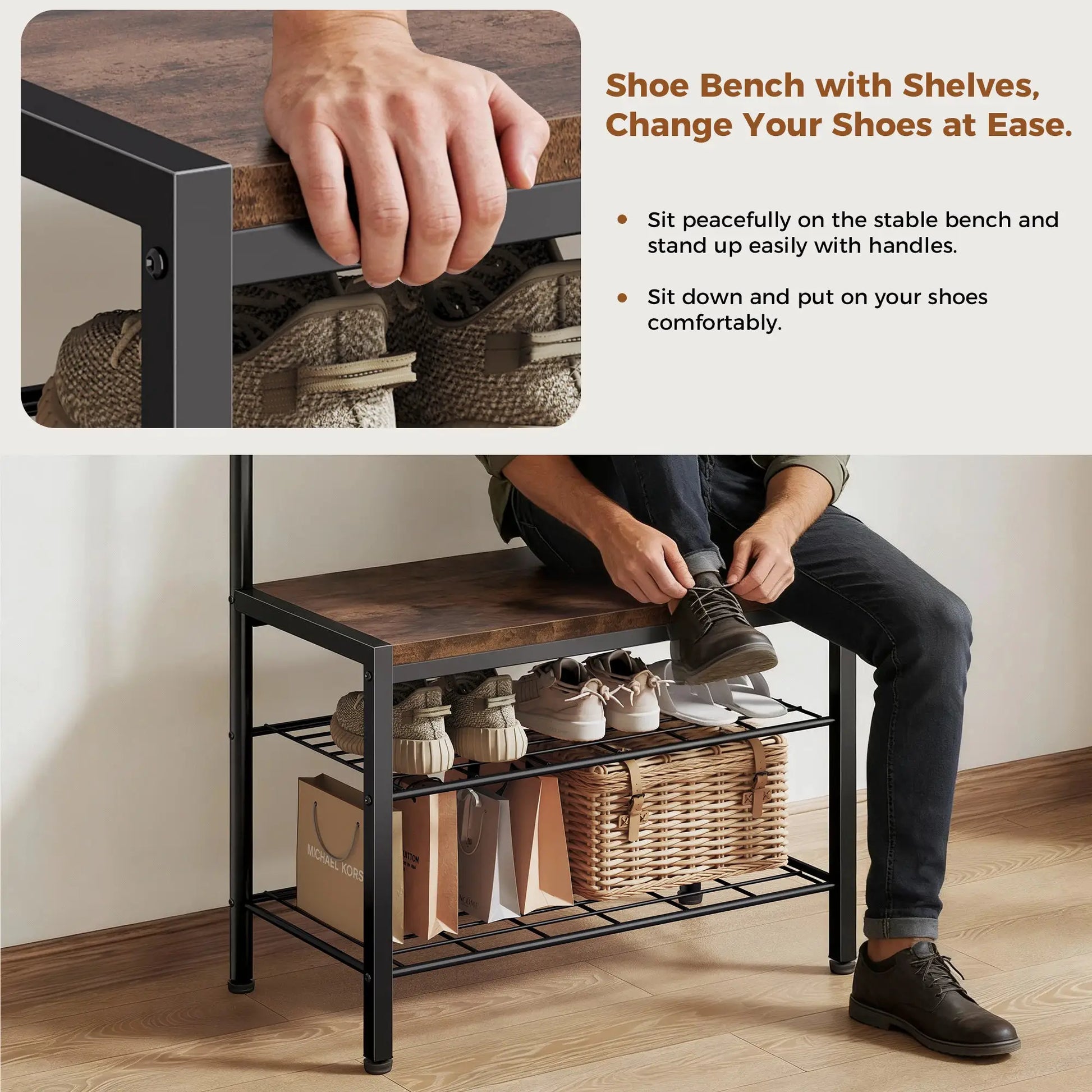 JHK 4-in-1 Coat Rack with Shoe Bench Entryway Bench with Shoe Storage Hooks Mudroom Storage Organizer with Shelves For Home from PriceLows™