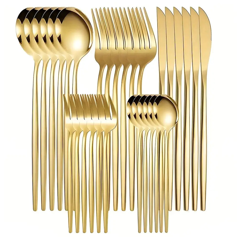 30Pcs Golden Silver Cutlery Set Stainless Steel Knife Fork Spoon Tableware Flatware Set Festival Kitchen Upscale Cutlery Set from PriceLows™