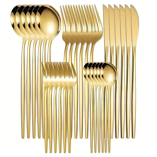 30Pcs Golden Silver Cutlery Set Stainless Steel Knife Fork Spoon Tableware Flatware Set Festival Kitchen Upscale Cutlery Set from PriceLows™