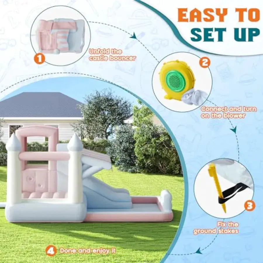 Inflatable Bounce House for indoor outdoor use, PVC material, pastel color, includes water slide, jumping area, climbing wall a from PriceLows™