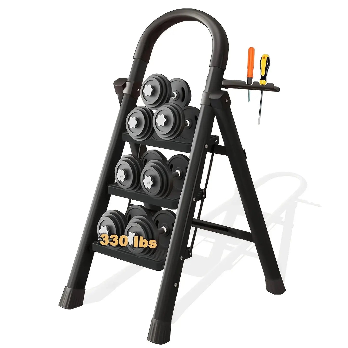 330lbs Load-bearing Folding Ladder | Heavy-duty Steel Step Stool with Anti-slip Wide Treads, Handrails, Safety Lock Design, Black And Red Color Scheme, Portable Multi-functional Ladder for Home And Kitchen Use-CVNU from PriceLows™