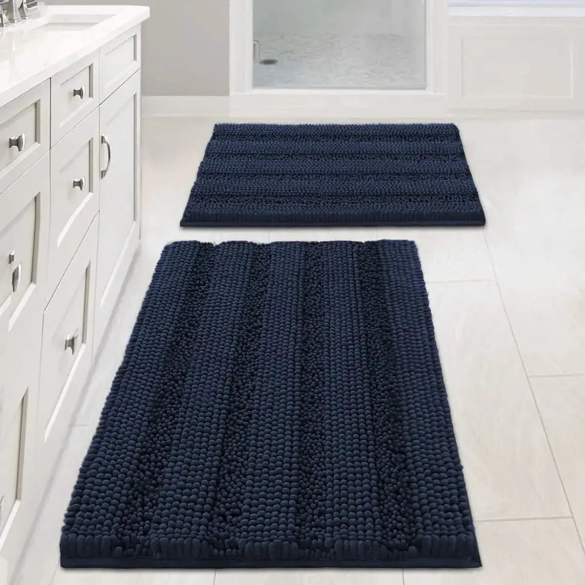 Navy Blue Bathroom Rugs 2 Piece, Bath Mat Set Slip-Resistant Extra Absorbent Soft and Fluffy Striped Chenille Bath Rugs from PriceLows™