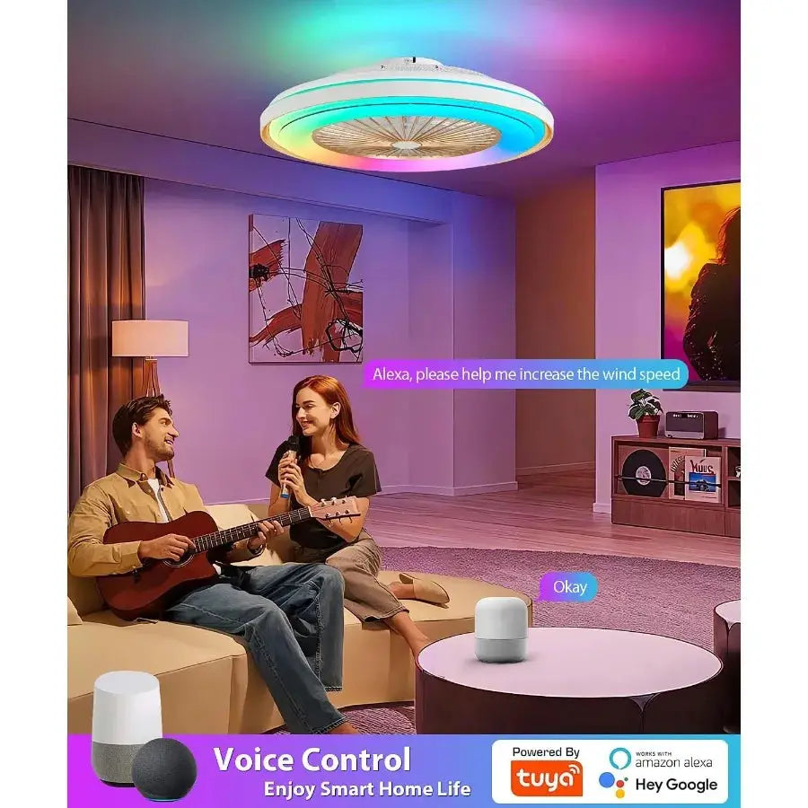 2in1 Low Profile Ceiling Fan with Light 24 Caged Safety Design for RGB Color Smart APP Remote Control Quiet Flush Mount DC Moto from PriceLows™