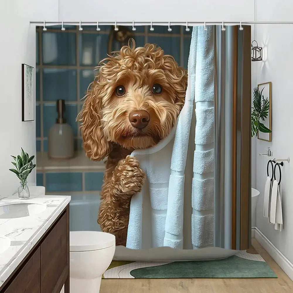 Adorable Poodle Puppy Art Shower Curtain - Creative Realistic Dog Design - Indoor Home Bathroom Decor Art Bath Curtain from PriceLows™
