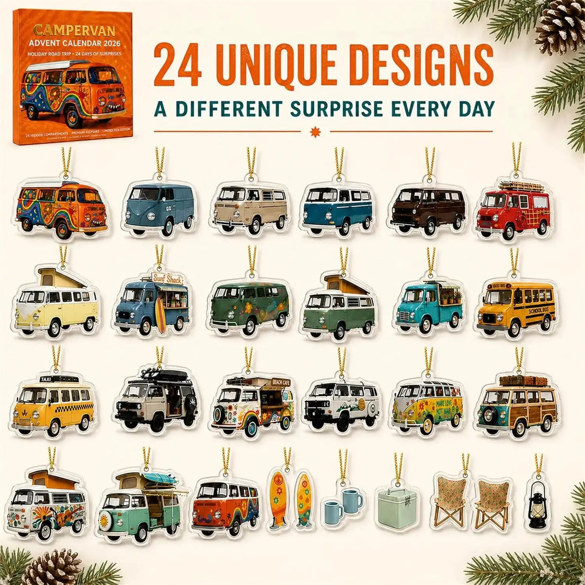 Campervan Advent Calendar | 24 Open Flaps | Vintage Prints | Desktop Stand