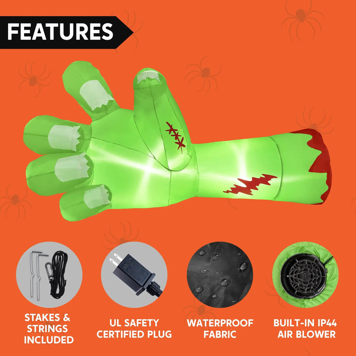 Giant Zombie Arm Inflatable | 9 Foot Long | Built In Led | Neon Green