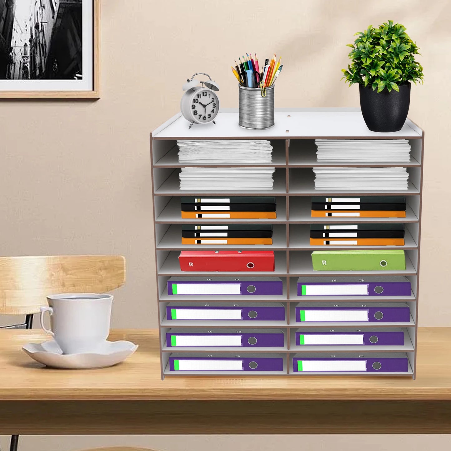 Wooden File Organizer | 18 Compartments | 9-Tier Desk Sorter | 51.8x33x49 cm