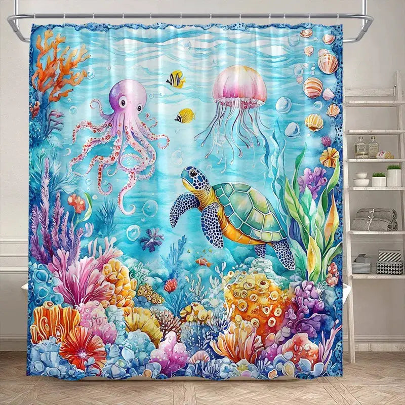 Ocean Animals Sea Turtle Shower Curtains Tropical Fish Coral Underwater Nature Scenery Child Bath Curtain Home Bathroom Decor from PriceLows™