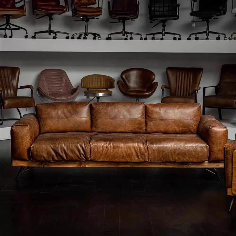 Leather Sofa | Oil-Waxed Genuine Leather | Solid Wood Frame | Modular Villa Sofa