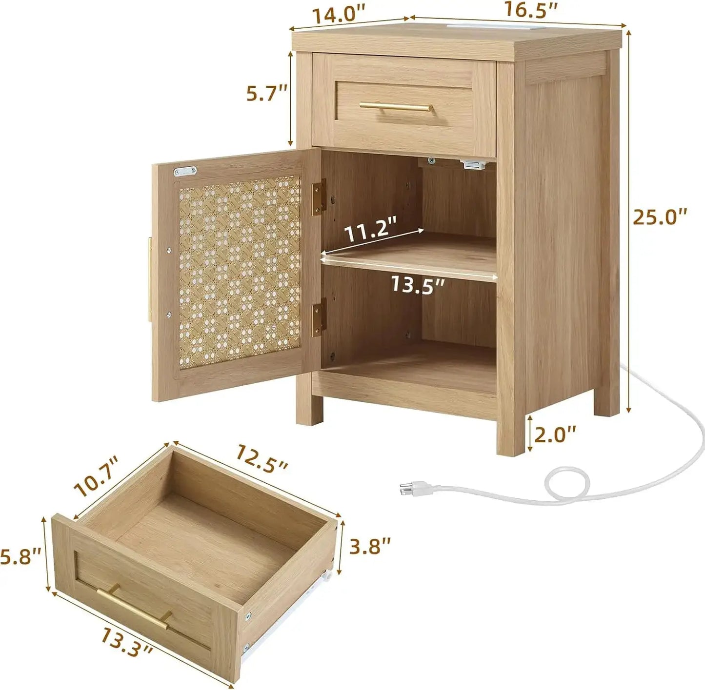 Boho Rattan Nightstand Set of 2 with Type-C Charging Station, Drawer & Adjustable Shelf, Natural Oak from PriceLows™