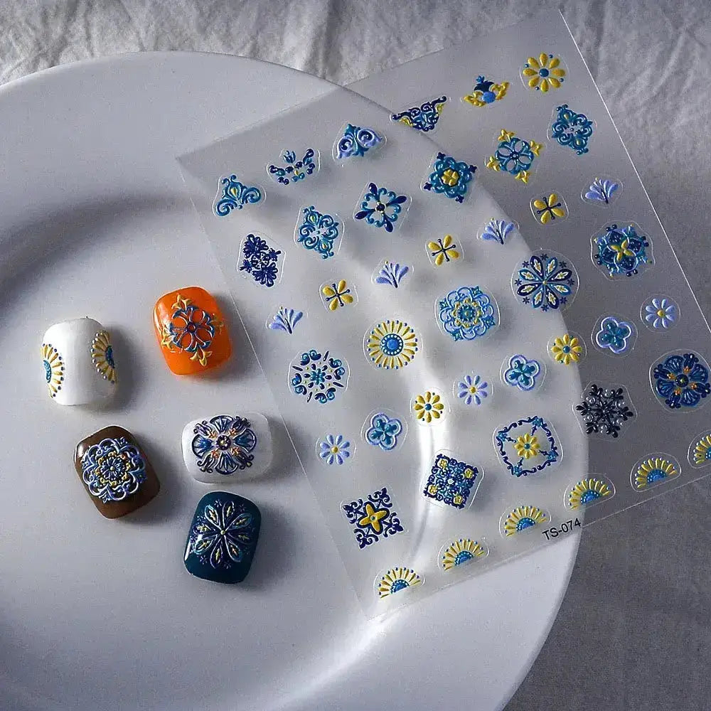 1PC Bohemia Nail Art Stickers 5D Bohemia Nail Sticker Decal Abstract Design Retro Blue Yellow Flower Self Adhesive Nail Supplies from PriceLows™