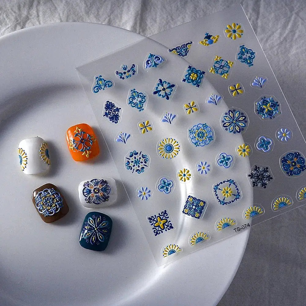 1PC Bohemia Nail Art Stickers 5D Bohemia Nail Sticker Decal Abstract Design Retro Blue Yellow Flower Self Adhesive Nail Supplies from PriceLows™