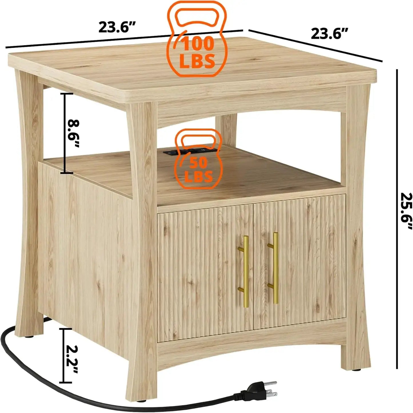 Nightstand with Charging Station, Wood Night Stand, 23.6inch Large Bedside Table with Storage, End Table for Bedroom, Oak from PriceLows™