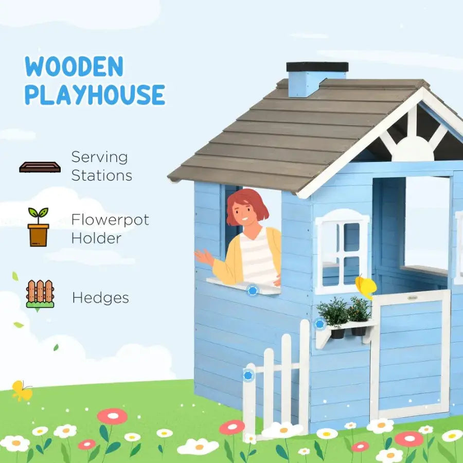 Wooden Playhouse for Outdoor with Flower Pot Holders Door Windows Service Stations for 3-7 Years Blue from PriceLows™