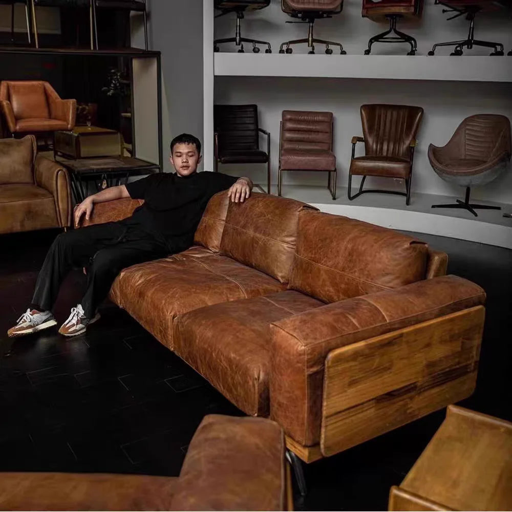 Leather Sofa | Oil-Waxed Genuine Leather | Solid Wood Frame | Modular Villa Sofa