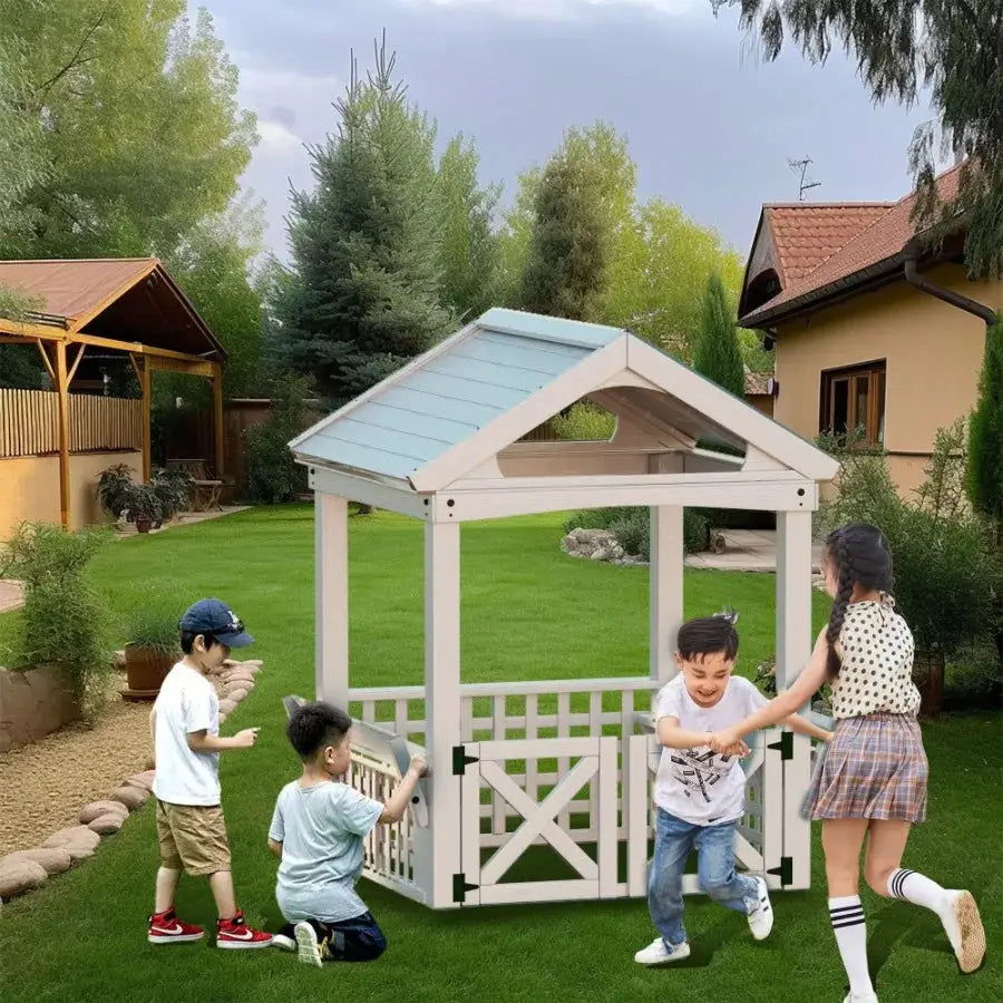 Outdoor Playhouse for Wooden Playhouse with Bench and Door Brown Durable Natural Wood Design for Backyard Fun from PriceLows™