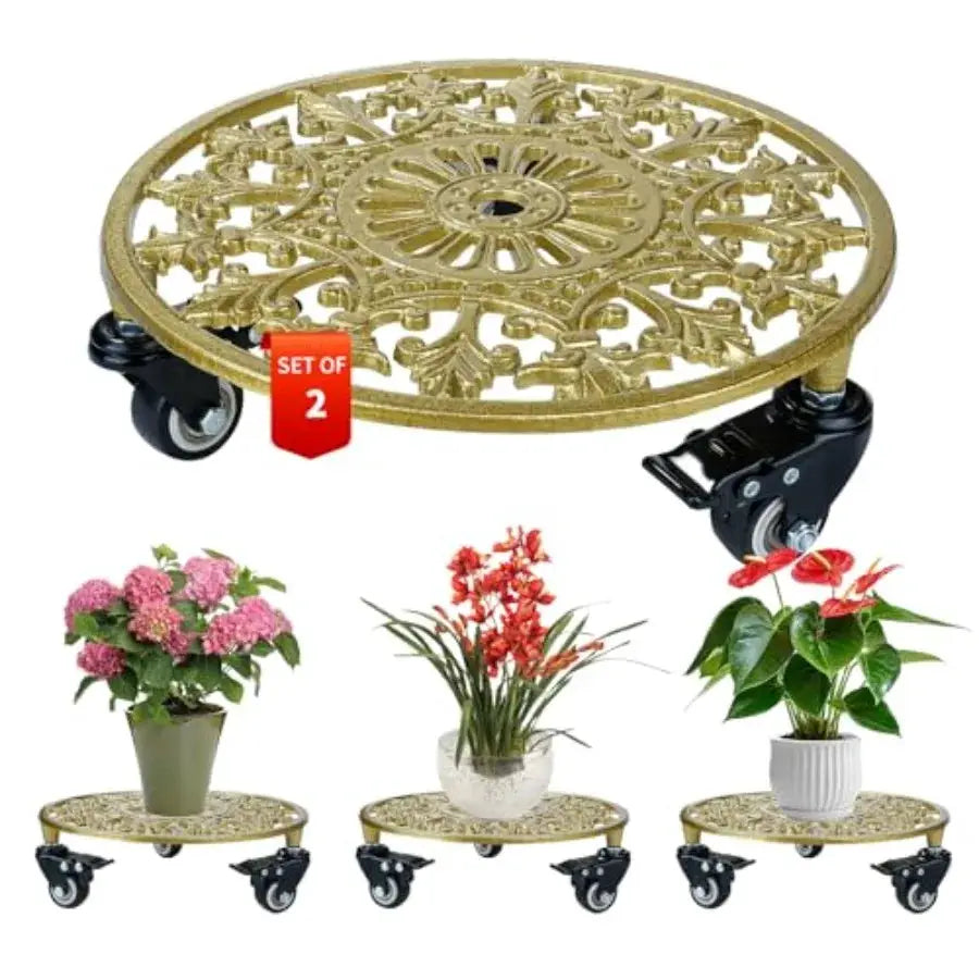 2 Pack Gold Metal Plant Caddy with Wheels, Round Rolling Plant Stand Heavy Duty Indoor Outdoor Planter Dolly, Plant Pot Mover f from PriceLows™