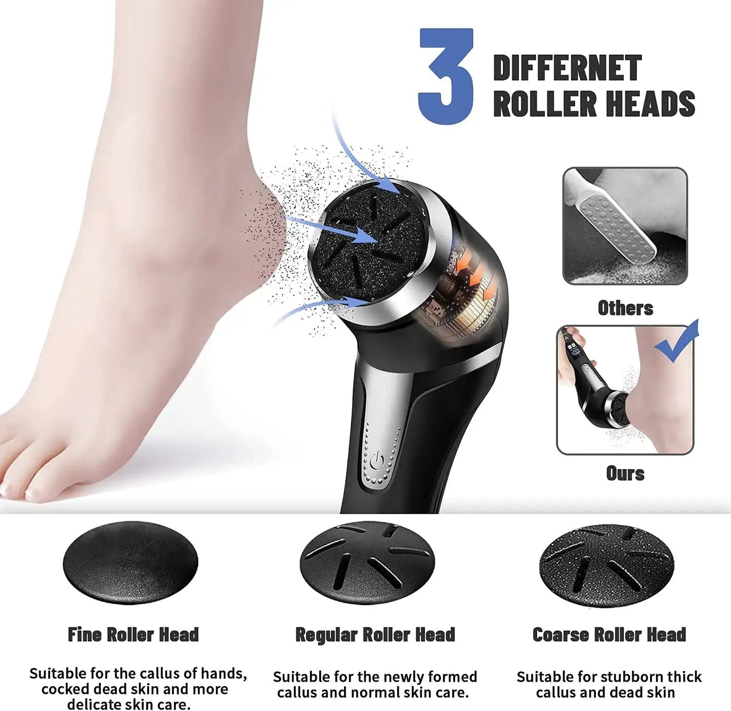 Rechargeable Electric Foot Rasp Electric Pedicure Foot Sander IPX7 Waterproof 3 Grinding Heads to Eliminate Feet Dead Skin from PriceLows™