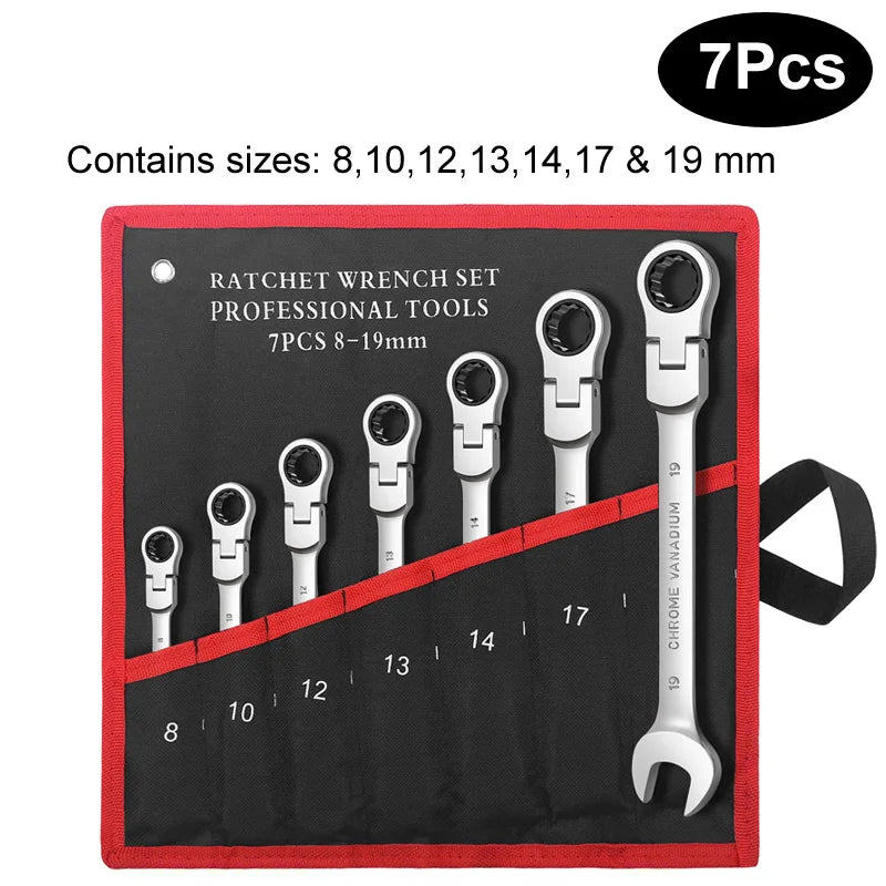 Ratcheting Combination Wrench Set Metric Flexible Head Spanner Set Chrome Vanadium Steel CR-V Flex-Head Ratchet Wrench Set from PriceLows™