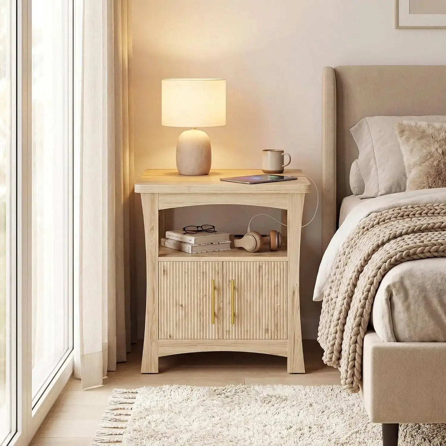 Nightstand with Charging Station, Wood Night Stand, 23.6inch Large Bedside Table with Storage, End Table for Bedroom, Oak from PriceLows™