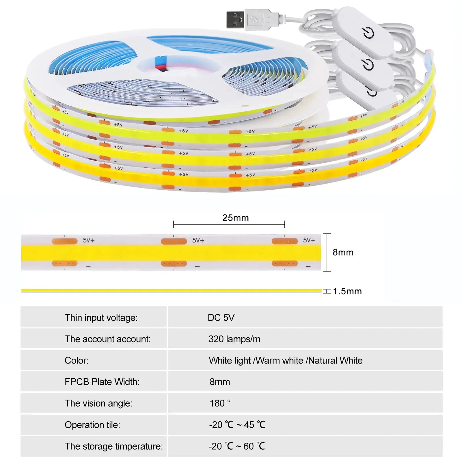 LED COB Strip Light Touch Dimmer Switch Flexible Diode Tape 5V USB Indoor Lamp Linear Lighting Room DIY TV Backlight Wall Decor from PriceLows™