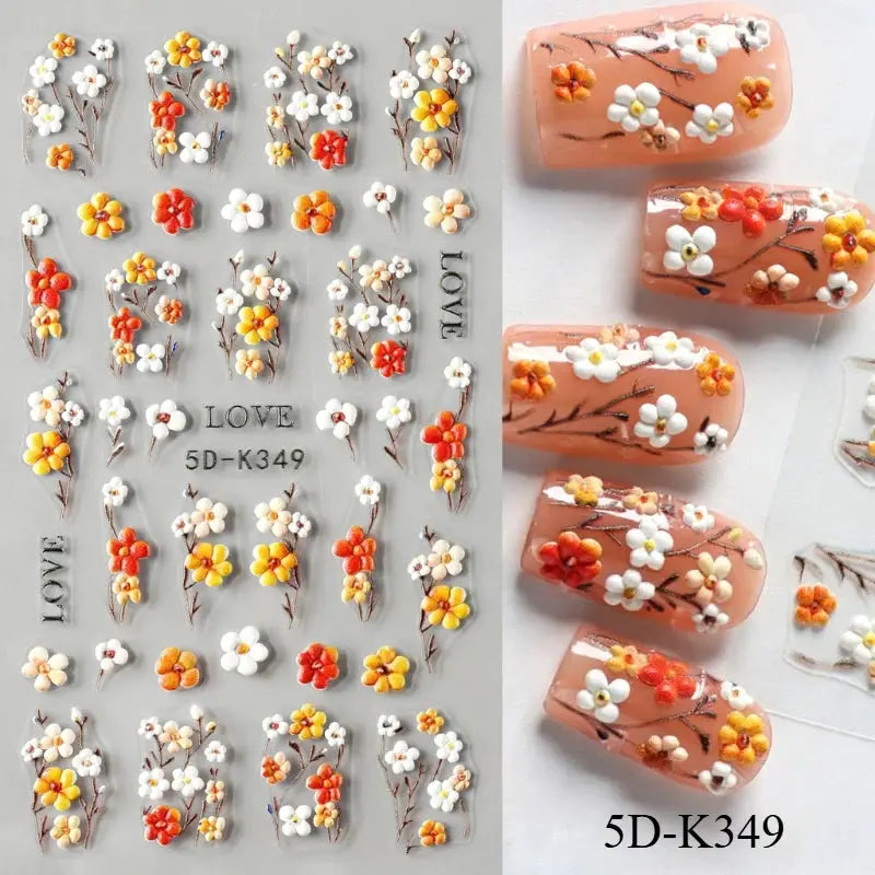 5D Embossed Green Vine Floral Nail Stickers - Matte Finish Self-Adhesive Nail Art Decals with Cartoon-Style Flowers from PriceLows™