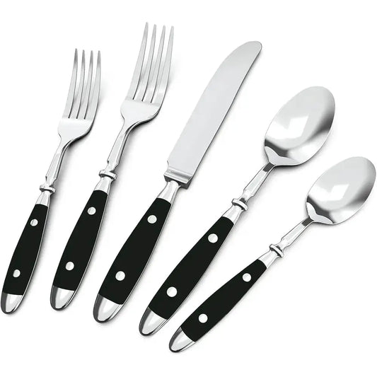 Vintage 20-Piece Stainless Steel Silverware Set with Black Bakelite Handles, Dishwasher Safe for 4-Person Service from PriceLows™