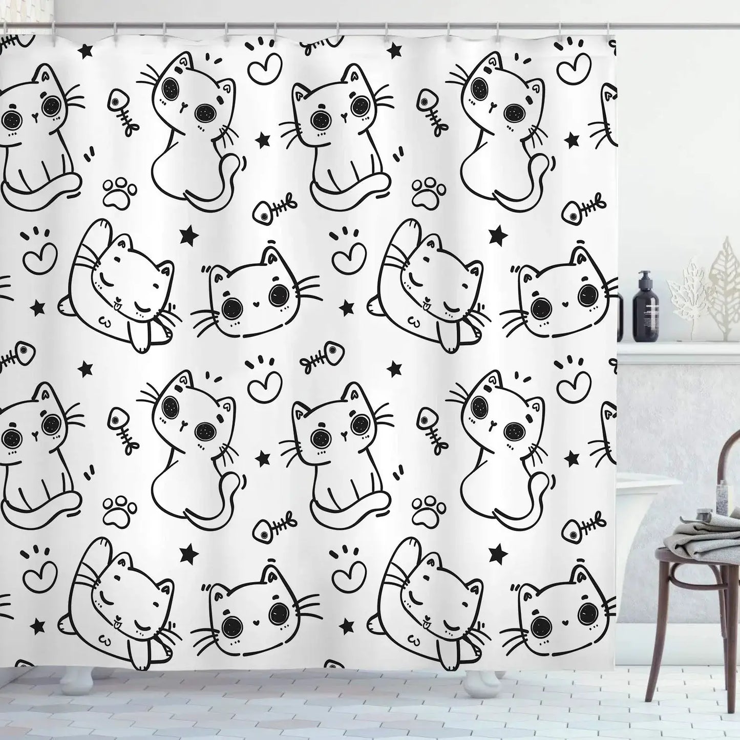Cute Cat Pattern Shower Curtain - Fun Cartoon Design for Playful Bathroom Décor, Waterproof, Easy Care & Soft Fabric from PriceLows™